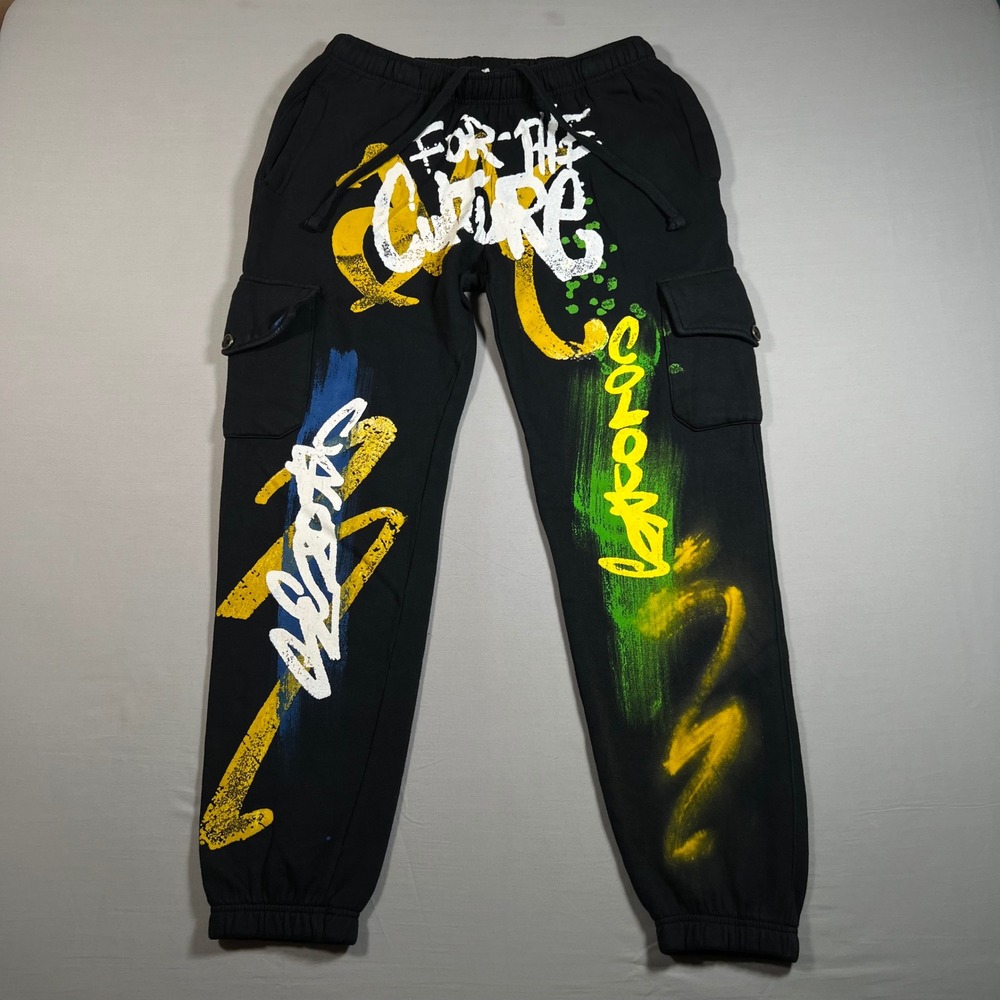 Cross Colours Mens Black Graffiti Cargo Sweatpants Size L Tagging Streetwear